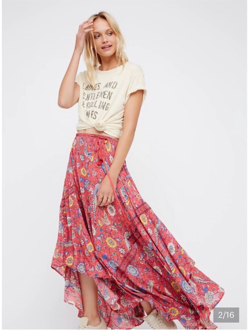 Spell Red Floral Maxi Skirt with Multicolor Floral Motif Sz sm - Picture 4 of 7
